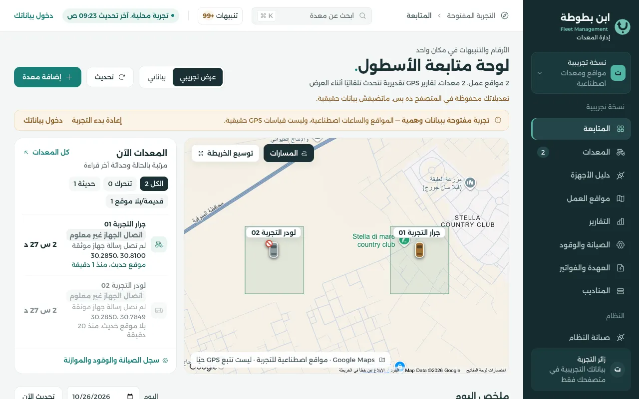 لقطة من التجربة المفتوحة: خريطة عليها معدتين تجريبيتين وحالة كل معدة، ببيانات تجريبية.